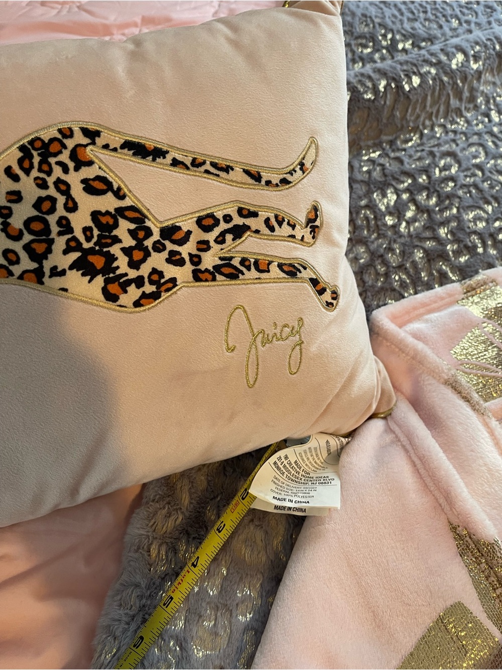 Juicy Couture Blush Pink Leopard Applique Decorative Pillow with Gold Piping - Picture 2 of 5